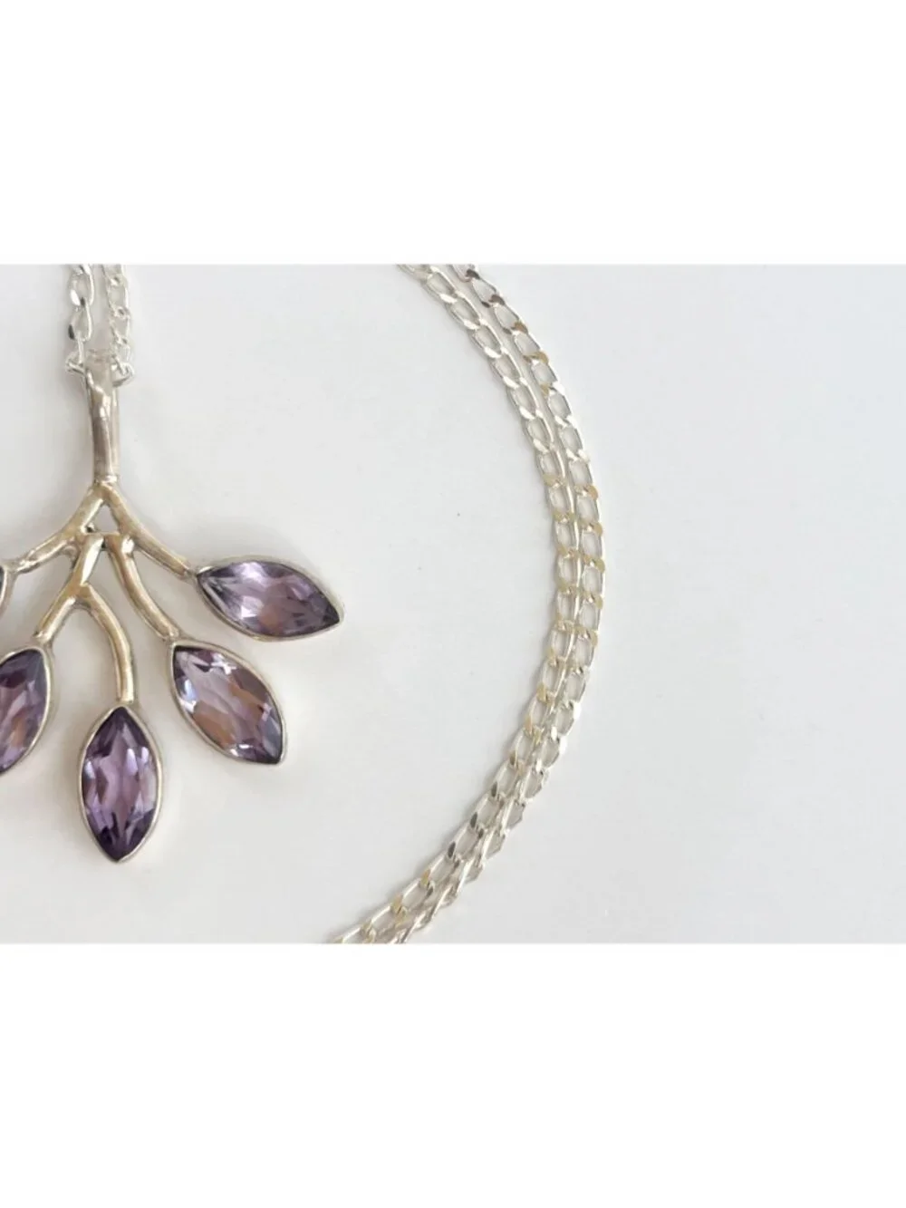 Amethyst Branched Leaves Sterling Silver 925 Vintage Pendant Necklace - 18